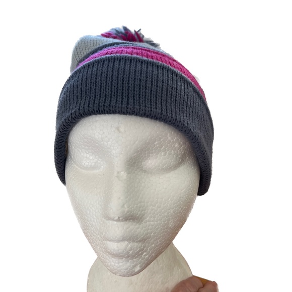 Smiley Hat Pom Pom Ski Beanie Gray Pink Purple 100% Wool Made in USA Toque - Picture 3 of 7